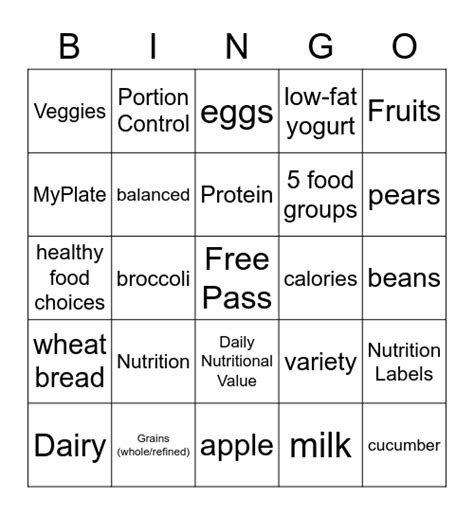 Nutrition Bingo Card