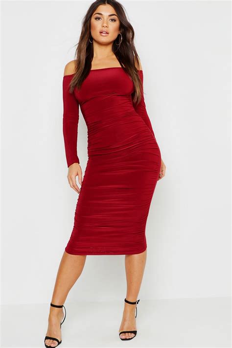 Slinky Bardot Ruched Midi Dress Ruched Midi Dress Midi Dress Fashion Dresses