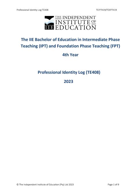 2023 TEIP7419 TE408 Professional Identity Log EDS3701 Unisa Studocu