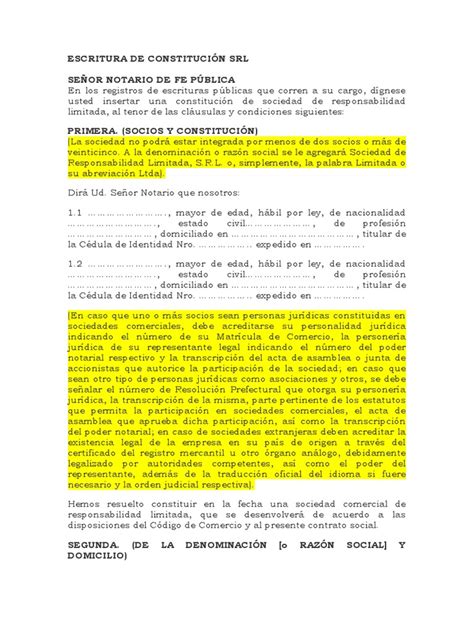 Escritura De Constitución Srl Pdf Sociedad De Responsabilidad