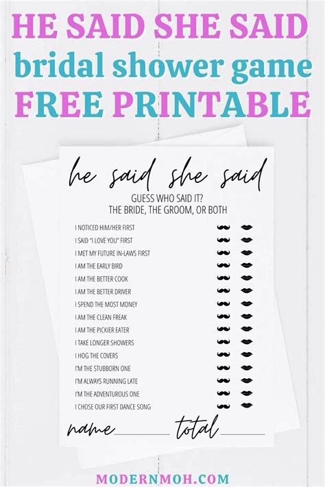 Free He Said She Said Printable Game Card Including Detailed