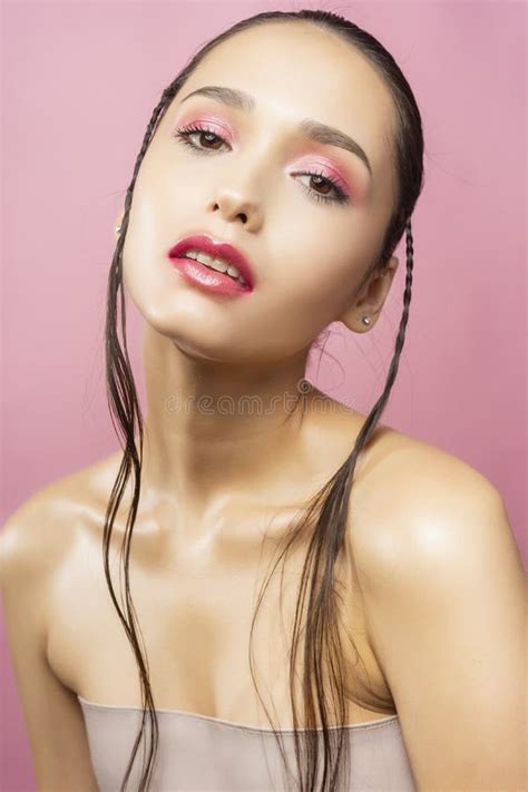 Beautiful Brunette Topless Girl Model Covering Her Naked Breast Stock