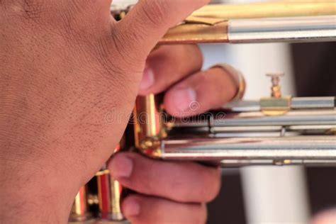 Hands On A Brass Instrumentmusicians Playing Outdoorclose Up Stock