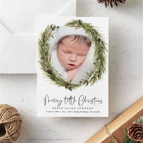 Minimalist Boho Wreath Holiday Birth Announcement Christmas Birth