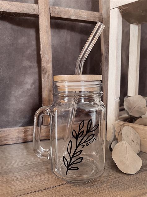 Personalized Mason Jar Coffee Cup With Glass Straw Handle Bamboo