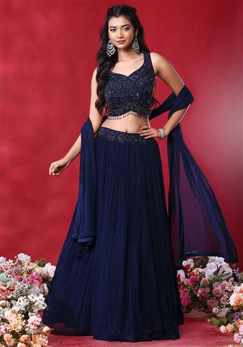 Buy Women Blue Lehenga Set With Cutdana Hand Embellished Blouse And