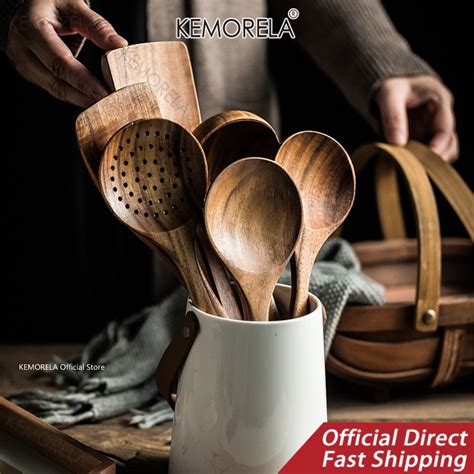 Kemorela Teak Natural Wood Tableware Colander Spoon Ladle Turner Soup