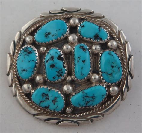 Navajo Tommy Moore Sterling Silver Turquoise Cluster Pin Brooch Or