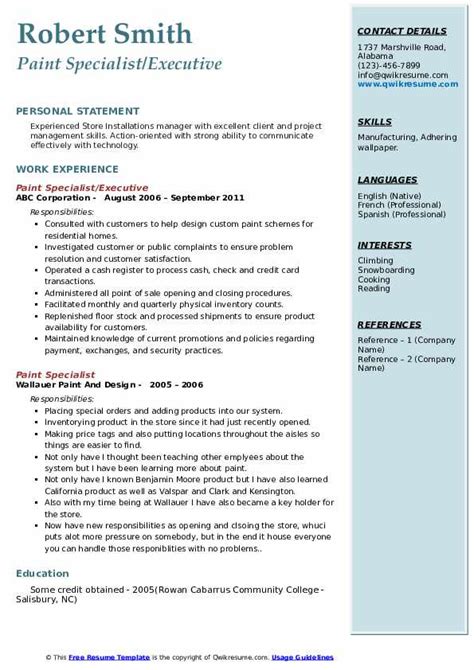 Paint Specialist Resume Samples | QwikResume