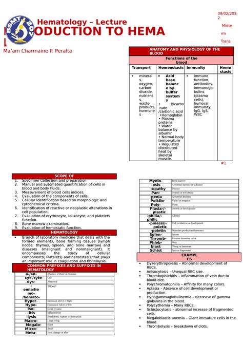 Intro To Hema Lec Legit Hematology Lecture Introduction To Hema I