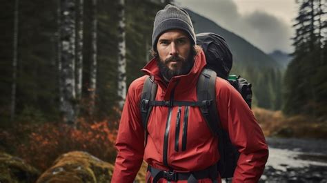 Premium Photo Man With Beard Wearing Red Jacket And Backpack