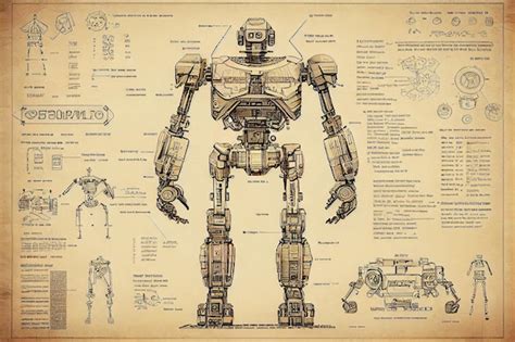 Premium Photo Invention Blueprint Of Robot On Vintage Paper Generative Ai