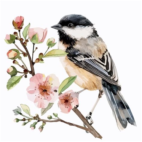 Chickadee Floral Handdrawn Watercolor Illustration Premium Ai