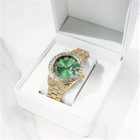 Full Iced Gold Watch With Roman Numerals Green Dial Ghetluxe