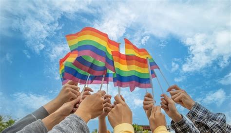 Personas De La Diversidad Manos Levantando Coloridas Banderas Del Arco