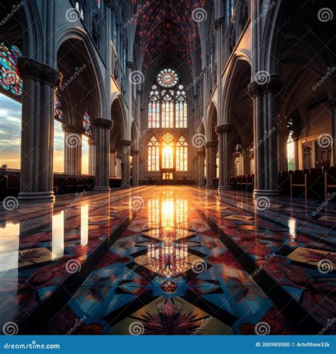 Cathedral Interior. Window In Gothic Interior Church. Vector Cartoon ...