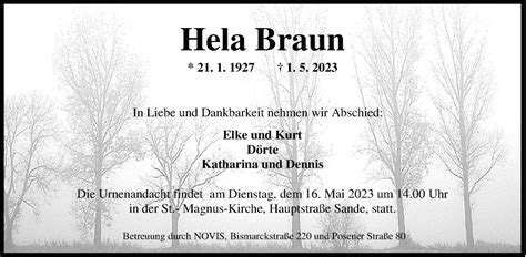 Traueranzeigen Von Hela Braun Nordwest Trauer De