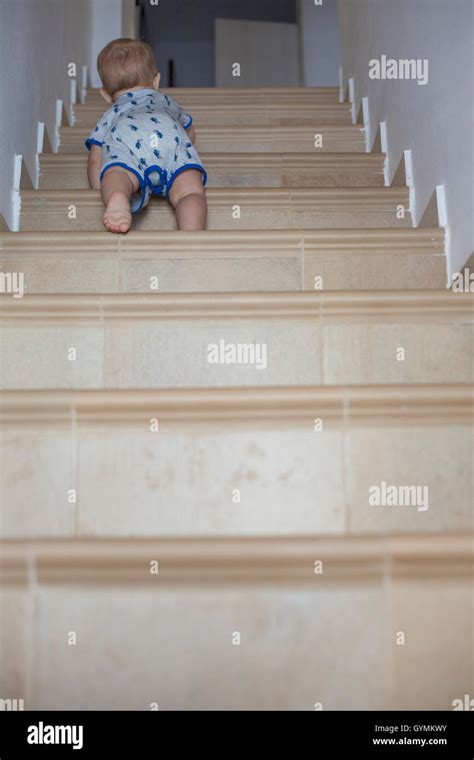 Baby Boy Crawling Up The Stairs Low Angle View Stock Photo Alamy