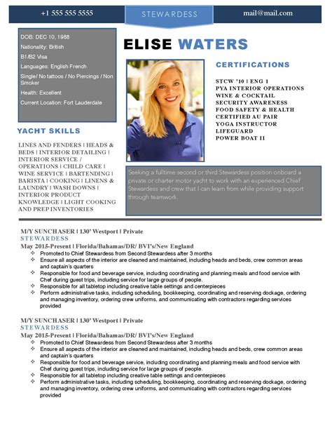 Yacht Stewardess Yacht Cv Templates — Super Yacht Resume