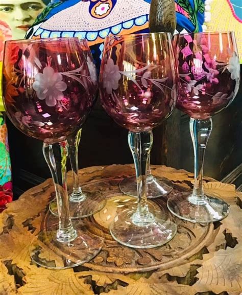 5 Vintage Flower Etched Cranberry Wine Glasses Etsy