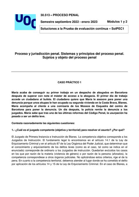 30 513 Sol PEC 1 solución PEC 30 PROCESO PENAL Semestre