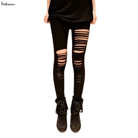 Sexy Womens Goth Punk Slashed Ripped Cut Out Slit Side Stretchy Pants Cashmere Leggings In