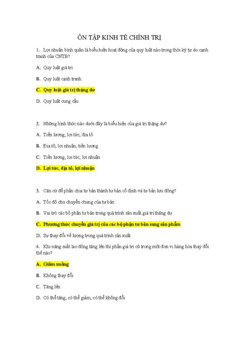 Tn Ktct Trắc Nghiệm ôn Thi Ktct Ôn TẬp Kinh TẾ ChÍnh TrỊ Lợi Nhuận Bình Quân Là Biểu Hiện