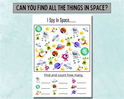 I Spy Game, Preschool Worksheets, I Spy in Space, Kindergarten Printable, Games for Kids