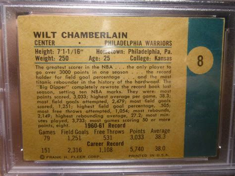 WILT CHAMBERLAIN 1961 FLEER 8 PSA 3 MC VERY GOOD ROOKIE RC WARRIORS