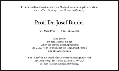 Traueranzeigen Von Josef Binder Trauer Merkur De