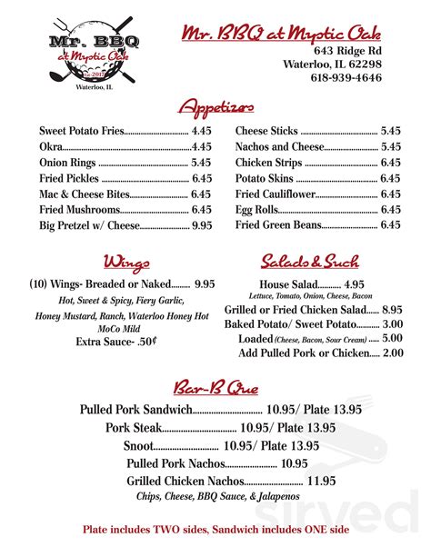 Mr Bbq At Mystic Oak Golf Course Menus In Waterloo Illinois United States