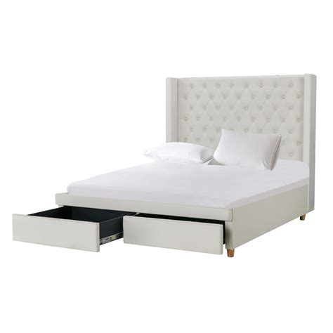 Appenzel Tufted Bed Frame Queen with 2 Drawers (Off White) - Furniture ...