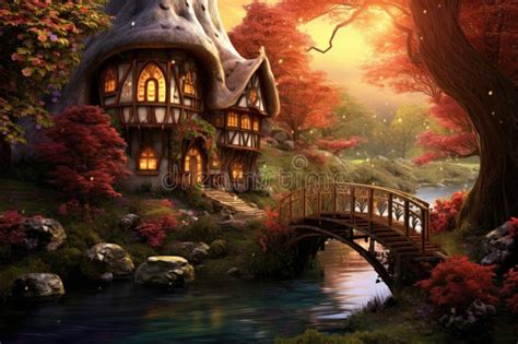 Fantasy Landscape With A Wooden Bridge Over A River And A Fairy House