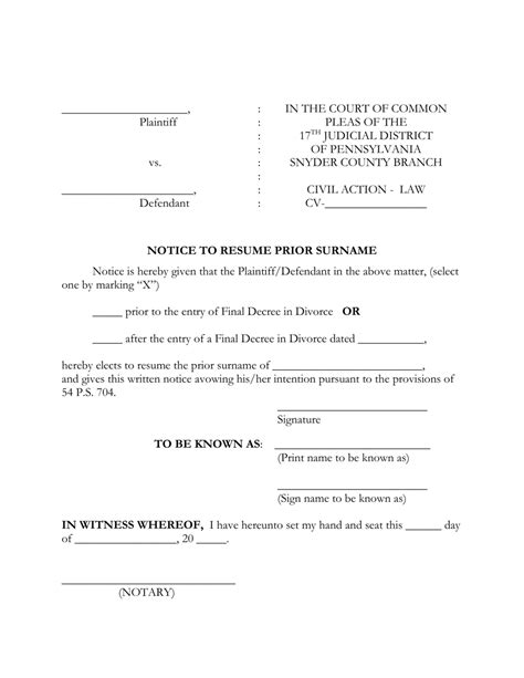 Snyder County Pennsylvania Notice To Resume Prior Surname Fill Out