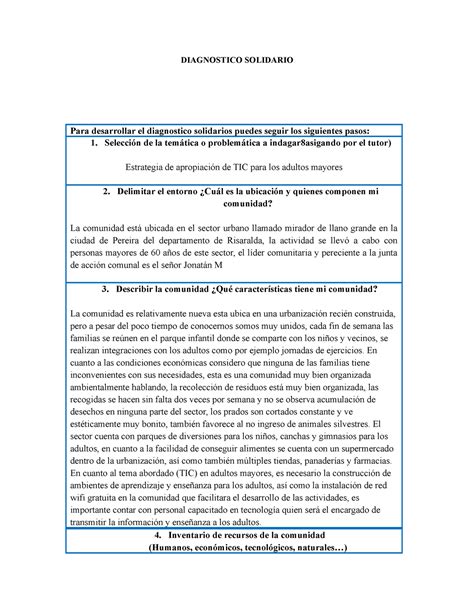 Diagnostico Solidario DIAGNOSTICO SOLIDARIO Para Desarrollar El