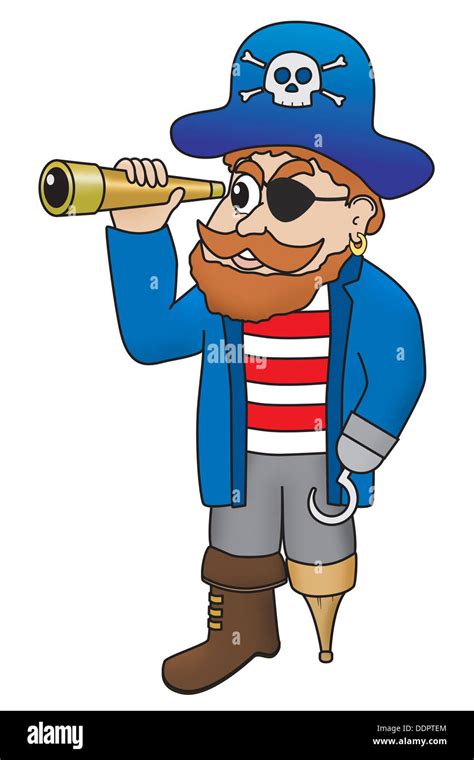 Cartoon Illustration Of A Comical Pirate Looking Through A Spyglass