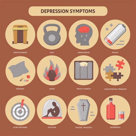 Set Of Depression Symptoms Icons In Flat Style Stock Illustration