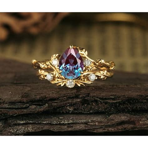 vintage pear shaped cut alexandrite engagement ring set silver gold