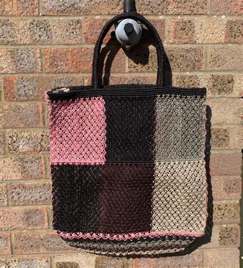 Jute Macramé Bag With Patchwork Design And Black Handles