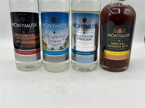 Monymusk Overproof White Rum Whispering Breeze Liqueur Platinum