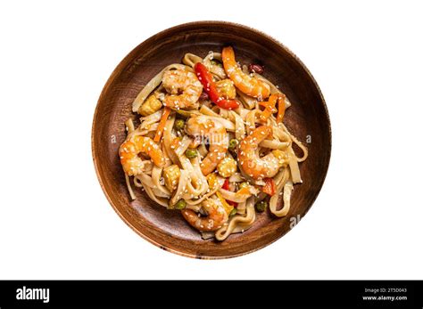 Udon Stir Fry Noodles With Shrimp Prawns In A Wooden Bowl Isolated On