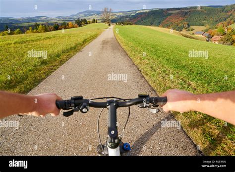 Hands On A Handlebar Of A Bicycle With Panoramic Black Forest Birds