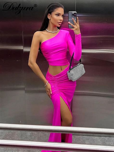 Dulzura Long Sleeve One Shoulder Maxi Dress Cut Out Ruched Slit Bodycon Sexy Prom Party Elegant