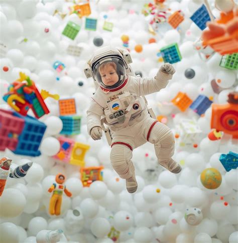 A child in an astronaut suit floats among colorful toys generative ai ...