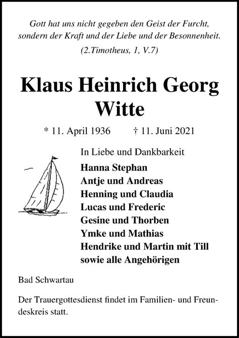 Traueranzeigen Von Klaus Heinrich Georg Witte Trauer Anzeigen De