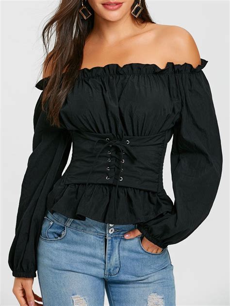 Off Lace Up Smocked Off The Shoulder Blouse In Black Dresslily