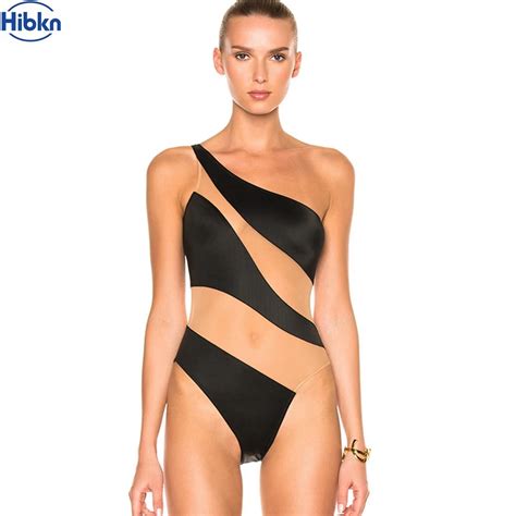 Hibkn One Piece Swimsuit Patchwork Black Swimsuit One Shoulder Off