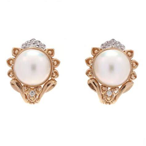 Pair Of Gold Mab Pearl And Diamond Earrings Lot Estate