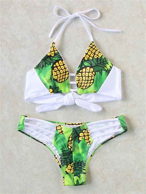 C Mpralo Ya Pineapple Print Ladder Cutout Tie Back Bikini Set Green