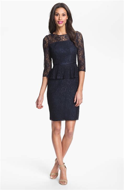 Adrianna Papell Peplum Lace Sheath Dress In Blue Navy Lyst